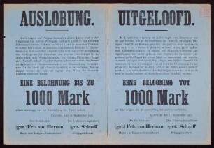 "Auslobung." Aussetzung einer Belohnung für Hinweise zur Aufklärung eines Betruges