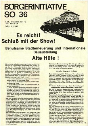 Flugschrift der Bürgerinitiative SO36: Es reicht! Schluß mit der Show! 1984