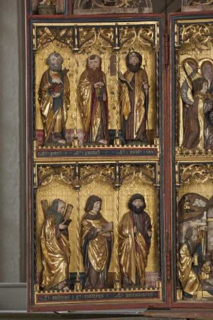 Marienaltar — Altar im geöffneten Zustand — Linker Flügel — Apostel Andreas, Matthäus und Bartholomeus
