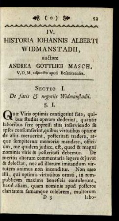 IV. Historia Iohannis Alberti Widmanstadii, auctore Andrea Gottlieb Masch, V. D. M. adjuncto apud Beseritzenses