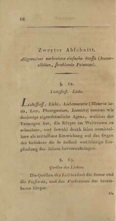 Zweyter Abschnitt. Allgemeiner verbreitete einfache Stoffe (Incoercibilien, strahlende Potenzen).