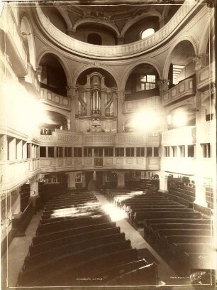 Dresden. Inneres der Annenkirche : Dresden-Altstadt, Annenkirche. Inneres mit zweimanualiger Orgel (1782-1784; J. C. Kayser, II/24). Fotografie von Hermann Krone, Dresden 1884. Albuminabzug mit (und ohne) Trägerkarton mit einbelichteter Bezeichnung "Annenkirche, von West. H. Krone, Dresden, 1884."; 26,3 x 19,7 cm