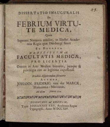 Dissertatio Inauguralis De Febrium Virtute Medica