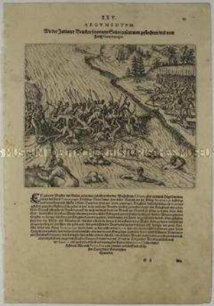 Wie die Brücken der Indianer aus Seilen geflochten sind und vom Platz Huaynacapac - Illustration aus de Bry, Große und Kleine Reisen (Peru XXV/25)