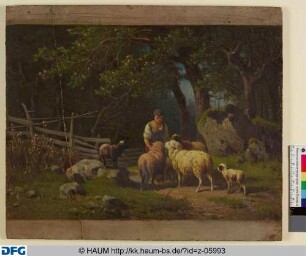 Landschaft mit Bäuerin und Schafen