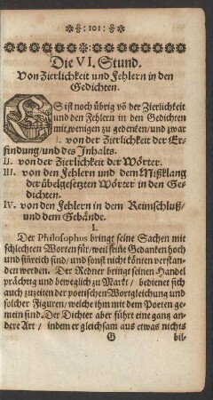 Die VI. Stund. Von Zierlichkeit und Fehlern in den Gedichten.