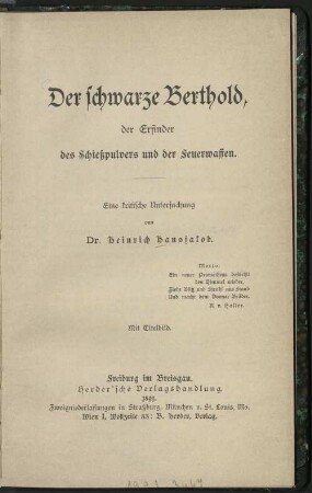Der schwarze Berthold : der Erfinder des Schießpulvers und der Feuerwaffen ; eine kritische Untersuchung