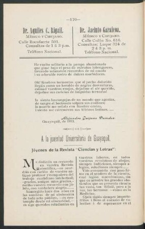 A la juventud Universitaria de Guayaquil. : Jóvenes de la Revista "Ciencias y Letras"