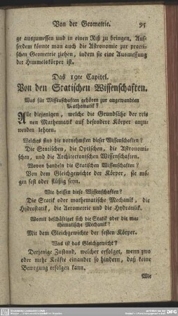 Das 19te Capitel. Von den Statischen Wissenschaften