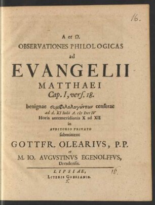Observationes Philologicas ad Evangelii Matthaei Cap. I, vers. 18. : benignae ... ad d. XI Iulii A. M DCC IV ...