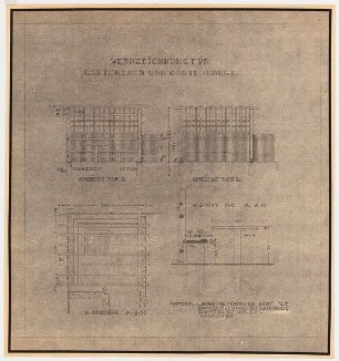 Unzugeordnete Werkzeichnungen: Werkzeichnung für Gartenzaun und Gartenlaube: Grundriss, Ansicht, Schnitt 1:20