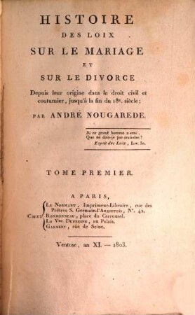 Histoire des loix sur le mariage et sur le divorce, 1