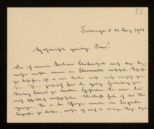 Brief von Max Rümelin an Lili von Gierke, Tübingen, 14.8.1908