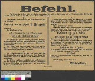 Anordnung zur Ablieferung von Waffen und Munition im Freistaat Braunschweig durch General Maercker