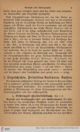 I. Urgeschichte. Primitive Kulturen. Rassen
