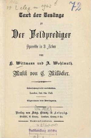 Text der Gesänge zu Der Feldprediger : Operette in 3 Acten