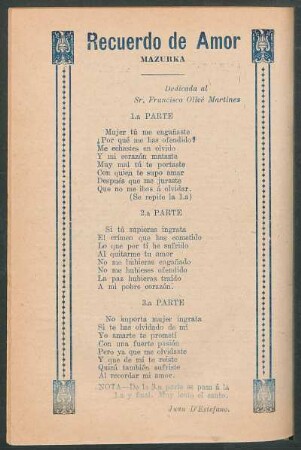 Recuerdo de amor : Mazurka. Dedicada al Sr. Francisco Olivé Martinez