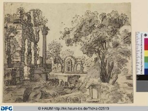 Landschaft mit Bäumen und römischen Palastruinen
