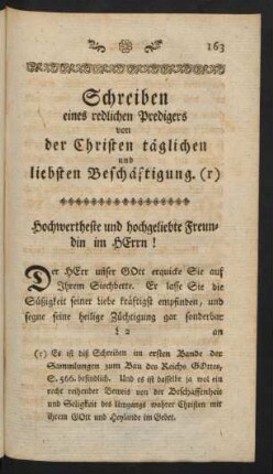 Schreiben eines redlichen Predigers von der Christen täglichen und liebsten Beschäftigung.