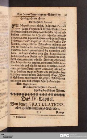 Das IV. Capitel. Von denen GRATULATIONS- oder Glückwünschungs-Schreiben.