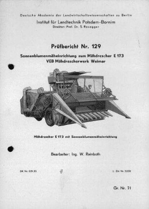 Sonnenblumenmäheinrichtung zum Mähdrescher E 173
