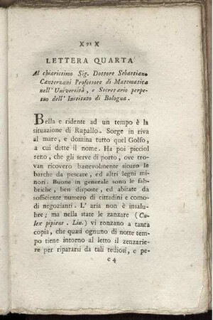 Lettera Quarta Al chiarissimo Sig. Dottore Sebastiano Canterzani Professore di Matematica...