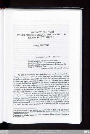 Mehmet Alî Aynî Et Les Cercles Melâmî D'Istanbul Au Début Du XXe Siecle Thierry Zarcone