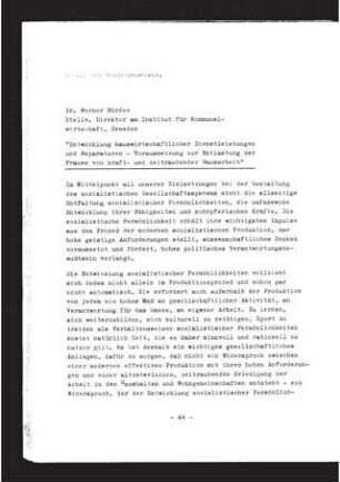 Entwicklung hauswirtschaftlicher Dienstleistungen und Reparaturen - Voraussetzung zur Entlastung der Frauen von kraft- und zeitraubender Hausarbeit