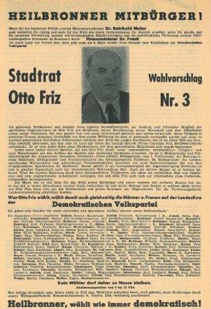 Flugblatt der Demokratischen Volkspartei zur Wahl von Stadtrat Otto Friz in Verfassunggebende Landesversammlung