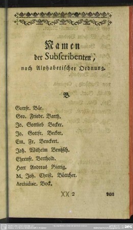 Namen der Subscribenten, nach Alphabetischer Ordnung