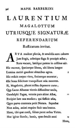 Laurentium Magalottum Utriusque Signaturæ Referendarium Rusticatum invitat.