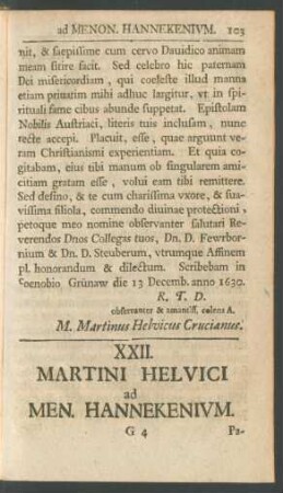 XXII. Martini Helvici ad Men. Hannekenium