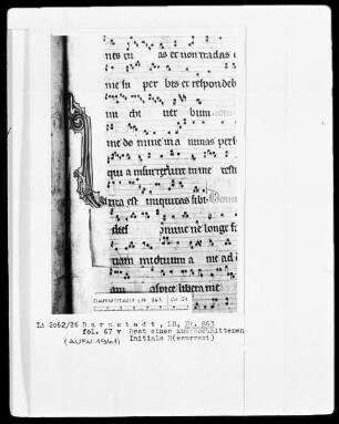 Graduale — Rest einer ausgeschnittenen Initiale D (omine ne longe), Folio 67verso