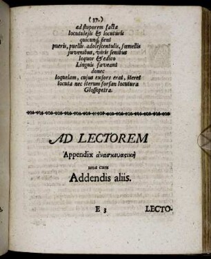 Ad Lectorem Appendix [...] una cum Addendis aliis.