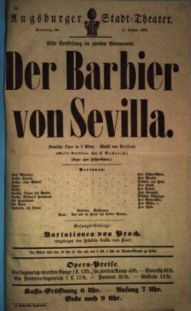 Augsburger Stadt-Theater. Sonntag, den 12. October 1873. Elfte Vorstellung im zweiten Abonnement. Der Barbier von Sevilla. Komische Oper in 2 Akten. Musik von Rossini