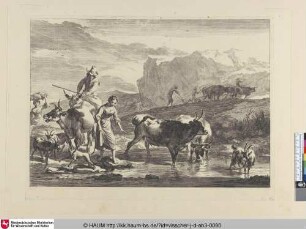 [Das Mädchen den Bach überschreitend; A girl tripping on stones in a ford]