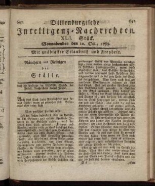 XLI. Stück. Sonnabends: den 10. Oct., 1789.