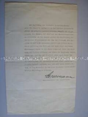 Handsignierte Erklärung von Gustav Stresemann zum Beginn der Räumung des besetzten Rheinlandes durch die Franzosen