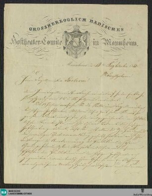 Brief vom Großherzoglichen Theaterkomitee an Vinzenz Lachner vom 18.09.1848 - K 2917, 12