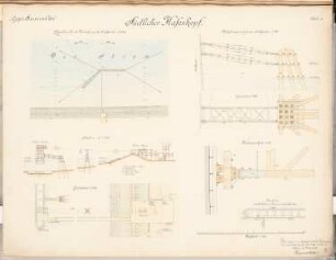 Seehafen Schinkelwettbewerb 1898: Südlicher Hafenkopf: Senkkasten für den schrägen Seitenflügel. Grundriss 1:500, Schnitte 1:500, 1:100, Detail 1:10