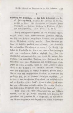 143-151 [Rezension] Reusch, Franz Heinrich, Lehrbuch der Einleitung in das Alte Testament