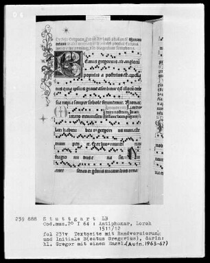 Antiphonarium (Benediktinerhandschrift) — Initiale B (eatus Gregorius) mit dem heiligen Gregor mit einem Engel, Folio 231verso