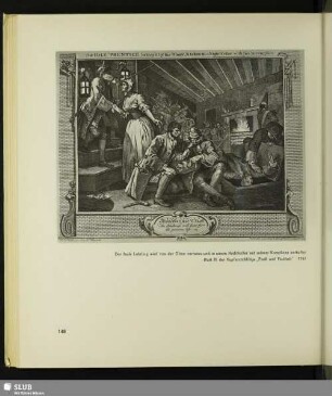 Der faule Lehrling wird von der Dirne verraten und in einem Nachtkeller mit seinem Komplicen verhaftet. Blatt IX der Kupferstichfolge „Fleiß und Faulheit“, 1747