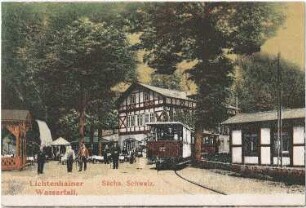 Kirnitzschtal-Lichtenhain. Lichtenhainer Wasserfall, kolorierte Ansichtskarte
