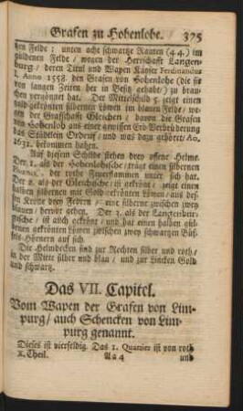 Das VII. Capitel. Vom Wapen der Grafen von Limpurg/ auch Schencken von Limpurg genannt