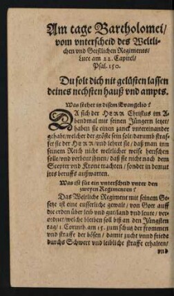 Am tage Bartholomei/ vom unterscheid des Weltlichen und Geistlichen Regiments ...