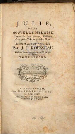 Oeuvres de Jaques Rousseau. 5. Tom. 2. - 1769. - LX, 360 S. : 4 Ill.