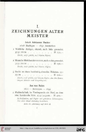 I. Zeichnungen alter Meister (Nr. 1-156)