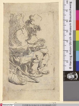 [Sitzender Bettler, seine Hände über der Glutpfanne wärmend; Beggar Seated Warming his Hands at a Chafing Dish; Gueux assis au bas d'un mur]