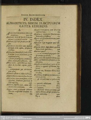 IV. Index Alphabeticus, Rerum Praecipuarum Capita Exhibens